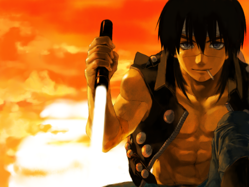 black_hair, cigarette, energy_sword, houshin_engi, jacket, kou_tenka, lightsaber, male, natadekoko, scar, short_hair, solo, sunset, sword, weapon