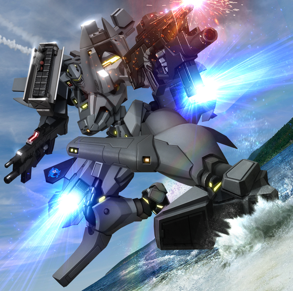 aiming, assault_rifle, dual_wielding, emblem, exhaust, f-18_hornet_(muvluv), firing, glowing, glowing_eyes, gun, hiropon_(tasogare_no_puu), mecha, missile, missile_pod, missiles, muvluv, muvluv_alternative, no_humans, photo_background, rainbow, rifle, smoke_trail, splashing, water, weapon