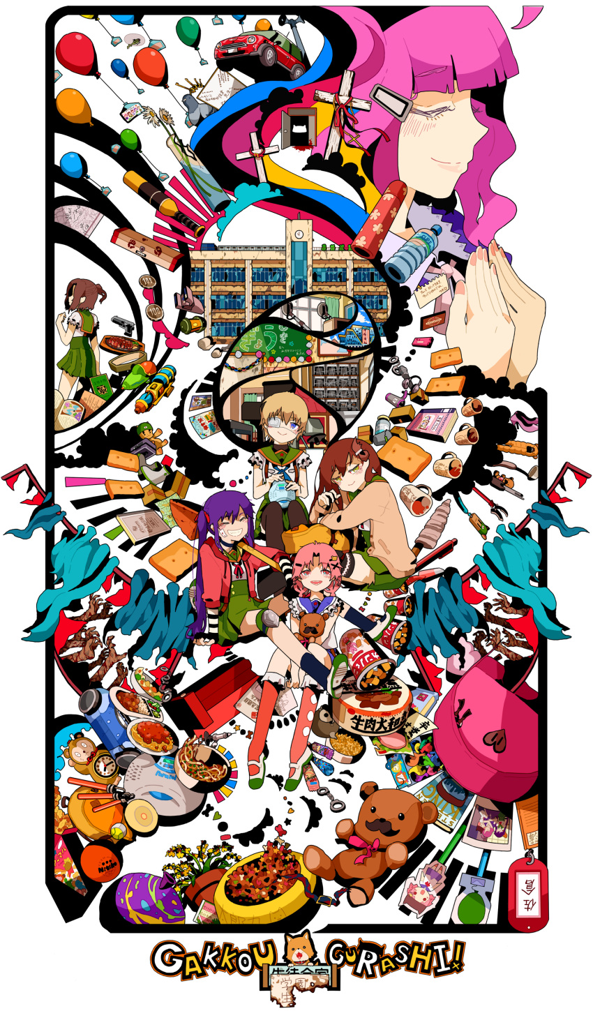 6+girls, absurdres, backpack, bag, bandaid, baseball_bat, bird, blonde_hair
