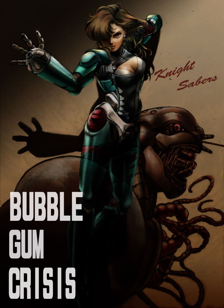 absurdres, breasts, bubblegum_crisis, cleavage, copyright_name, cyberpunk, damaged, english