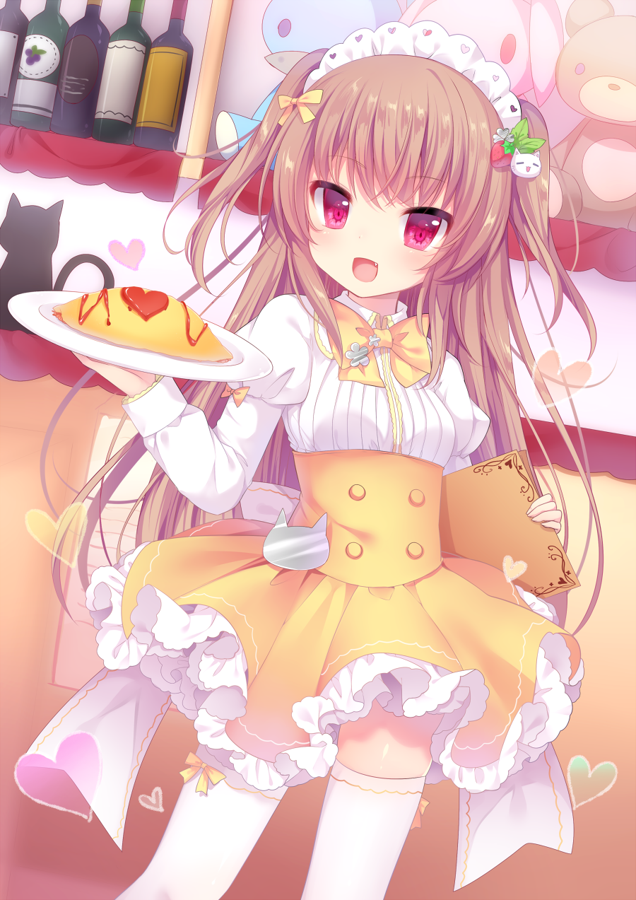 1girl, amashiro_natsuki, back_bow, bow, brown_hair, cat, fang, food