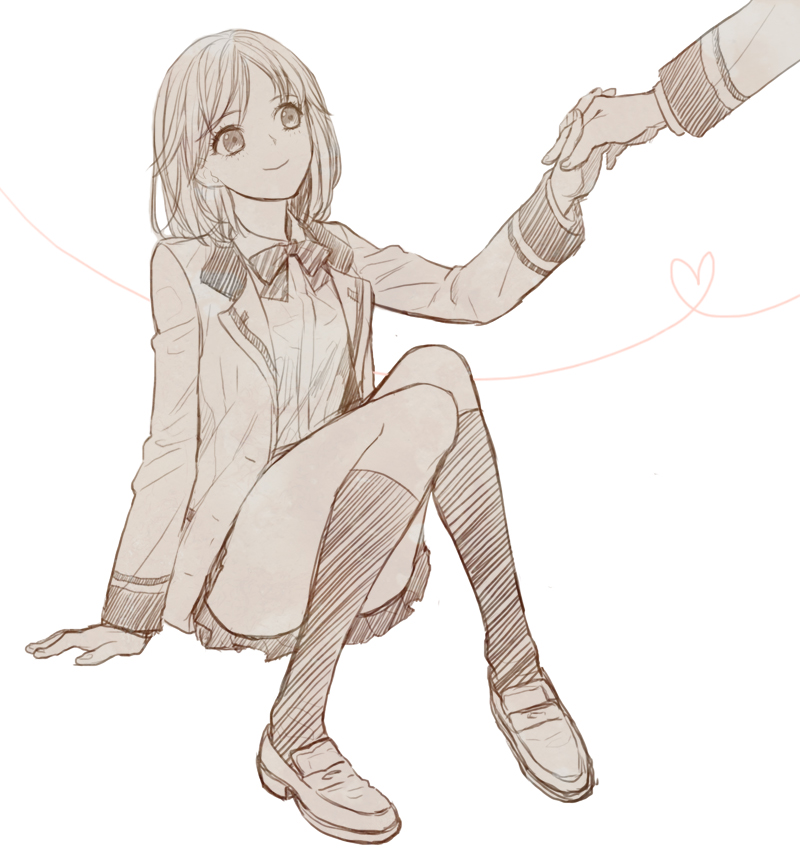 1girl, bambi_(tokimeki_memorial_girl's_side_3rd_story), bonchocola, full_body, hatching_(texture), heart, holding_hands, interlocked_fingers, jacket, miniskirt, monochrome, neck_ribbon, pleated_skirt, ribbon, school_uniform, sitting, skirt, smile, socks, solo_focus, tokimeki_memorial, tokimeki_memorial_girl's_side_3rd_story