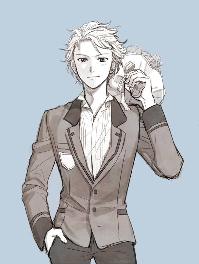 1boy, blue_background, bonchocola, bouquet, cowboy_shot, flower, formal, hand_in_pocket