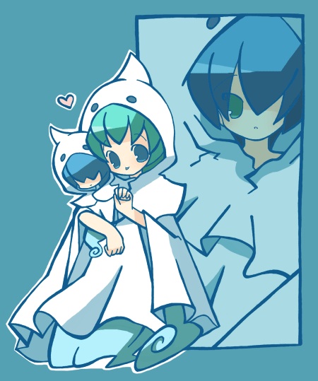 blue_background, blue_eyes, blue_hair, cloak, full_body, ghost_costume, green_eyes, green_hair
