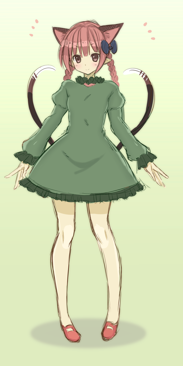1girl, animal_ears, braid, cat_ears, cat_tail, dress, green_dress, hair_between_eyes