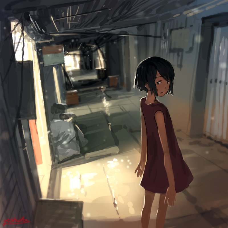 1girl, :o, air_conditioner, artist_name, bare_arms, bare_legs, bare_shoulders, black_hair