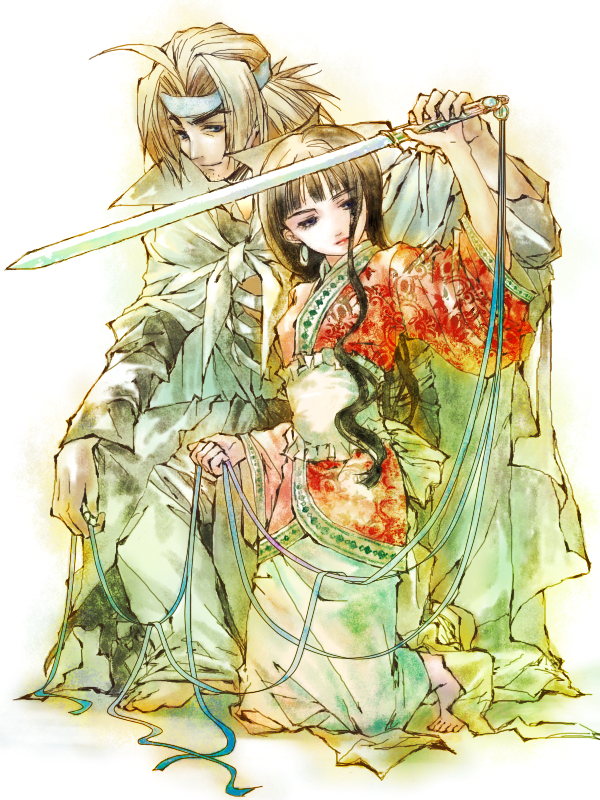 1girl, barefoot, black_hair, blonde_hair, cape, couple, headband, houshin_engi