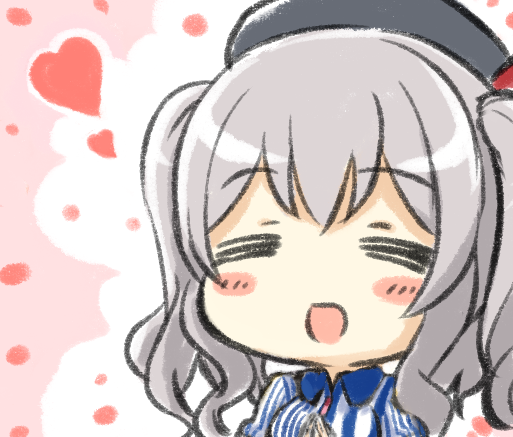 1girl, =_=, beret, blush, blush_stickers, chibi, closed_eyes, employee_uniform