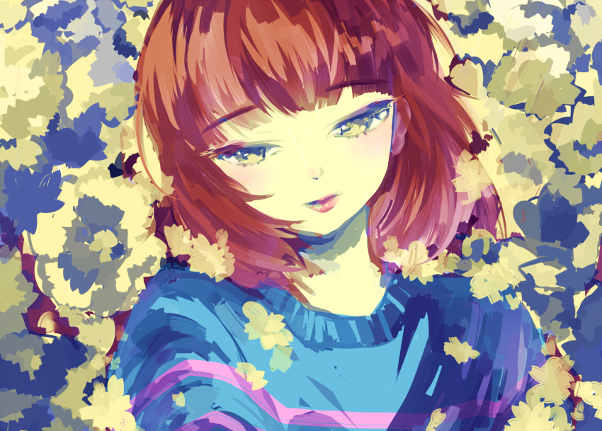 androgynous, brown_hair, close-up, eyebrows, eyebrows_visible_through_hair, flower, frisk_(undertale), half-closed_eyes, highres, ottmi, parted_lips, petals, solo, striped, striped_sweater, sweater, tagme, undertale, yellow_eyes