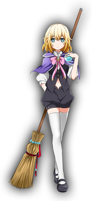 1girl, black_shoes, blonde_hair, bow, broom, expressionless, full_body, green_eyes, kamekoya_sato, kanpani_girls, looking_at_viewer, official_art, orb, pink_bow, ronja_edvall, shawl, shoes, short_hair, shorts, solo, standing, thigh-highs, white_legwear