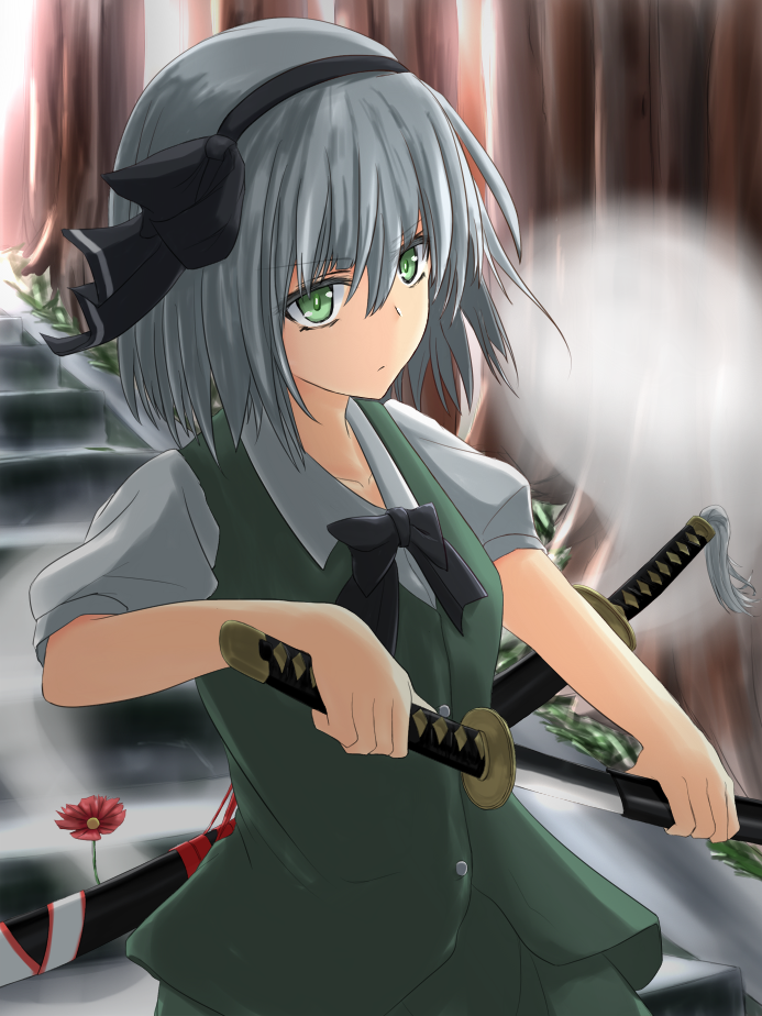 >:(, 1girl, black_bow, black_bowtie, black_ribbon, bow, bowtie, closed_mouth, collarbone, collared_shirt, expressionless, eyebrows, eyebrows_visible_through_hair, floating, flower, forest, ghost, green_eyes, green_skirt, green_vest, grey_hair, hair_between_eyes, hair_ribbon, hairband, hitodama, holding_sword, holding_weapon, konpaku_youmu, konpaku_youmu_(ghost), nature, outdoors, plant, puffy_short_sleeves, puffy_sleeves, ribbon, scabbard, sheath, shirt, short_hair, short_sleeves, skirt, solo, stairs, sunlight, sword, takemitsu-zamurai, touhou, tree, tsurime, unsheathing, vest, weapon, white_shirt