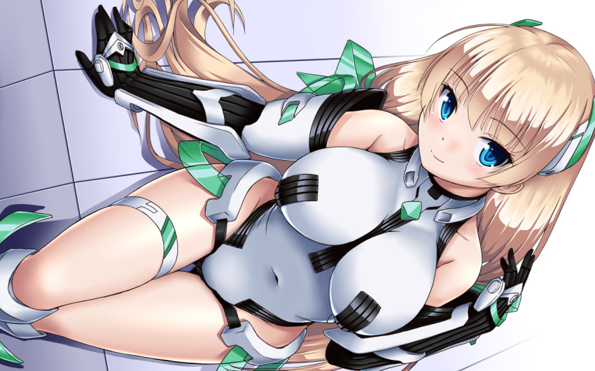 1girl, angela_balzac, arm_guards, armor, armored_boots, bangs, black_gloves, blonde_hair