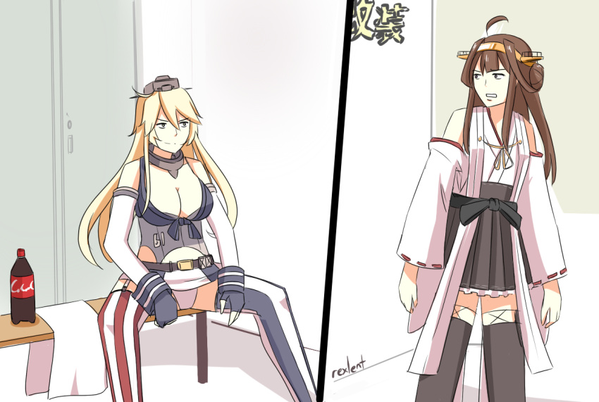 2girls, ahoge, artist_name, blonde_hair, breasts, brown_hair, coca-cola, detached_sleeves