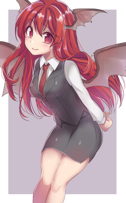 1girl, asa_(coco), bat_wings, blush, colored_eyelashes, head_wings, koakuma, lavender_background