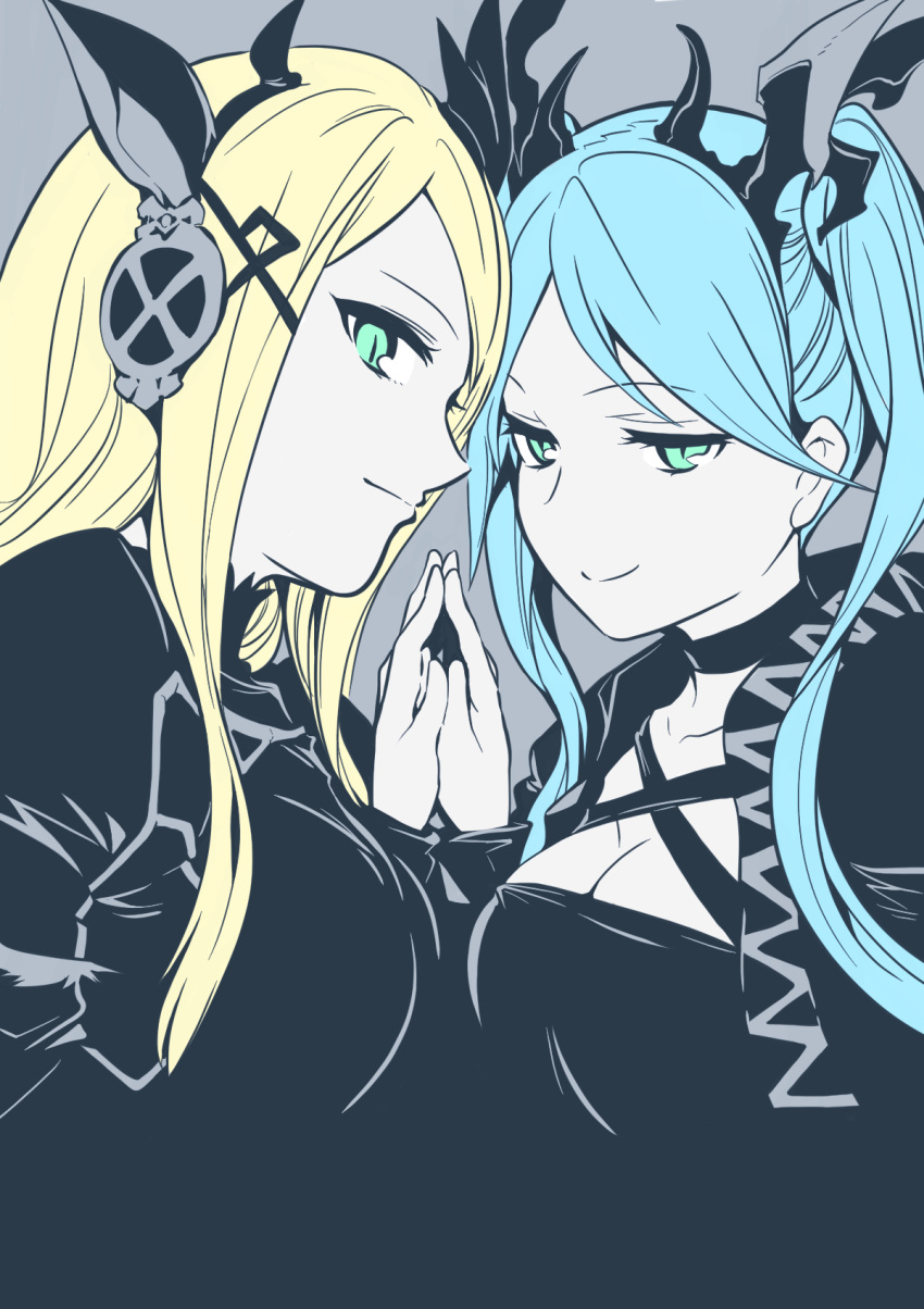 2girls, aqua_eyes, aqua_hair, blonde_hair, blue_eyes, breasts, cleavage, dress
