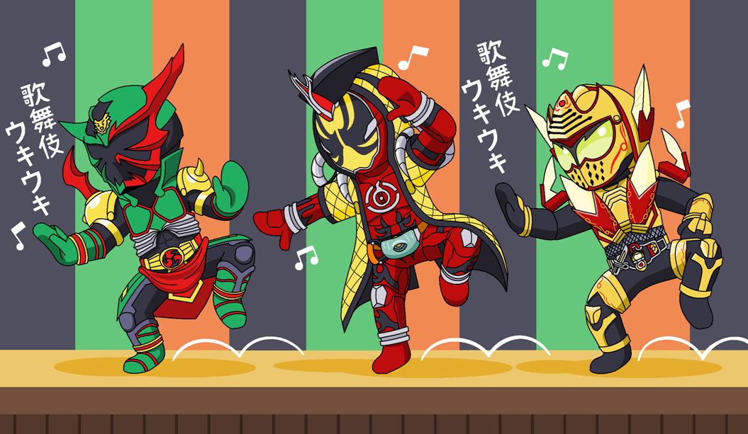 3boys, armor, belt, compound_eyes, hood, hooded_jacket, horn, jacket