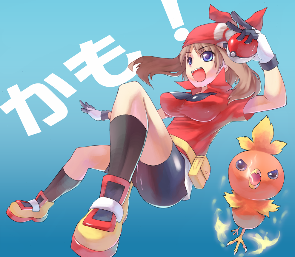 bad_id, bandana, bike_shorts, blue_eyes, breasts, brown_hair, gloves, haruka_(pokemon)