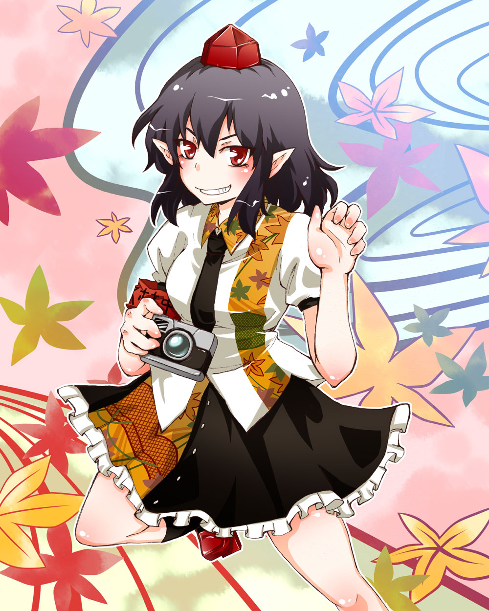 >:), 1girl, autumn_leaves, black_hair, black_wings, camera, geta, grin