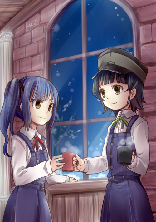 2girls, arare_(kantai_collection), bangs, black_hair, blunt_bangs, brown_eyes, collared_shirt, cup, dress, dress_shirt, ds_(ndsl), giving, grey_dress, hat, indoors, kantai_collection, kasumi_(kantai_collection), long_sleeves, looking_at_another, mug, multiple_girls, remodel_(kantai_collection), shirt, short_hair, side_ponytail, silver_hair, smile, window