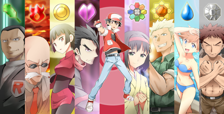 3girls, 6+boys, :d, abs, anniversary, badge, bald, baseball_cap