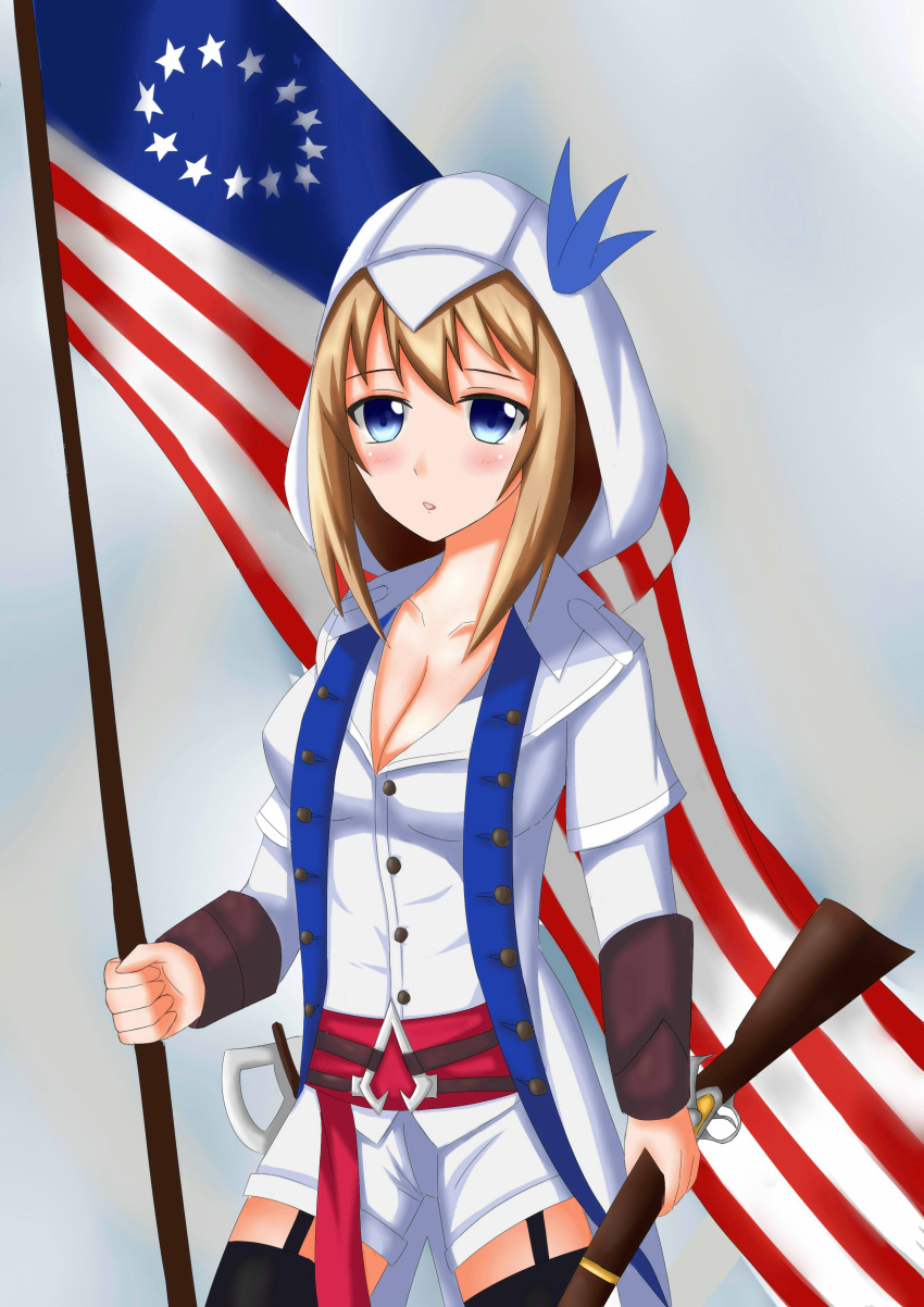 absurdres, adapted_costume, american_flag, artist_request, assassin's_creed_(series), assassin's_creed_iii, blonde_hair, blue_eyes