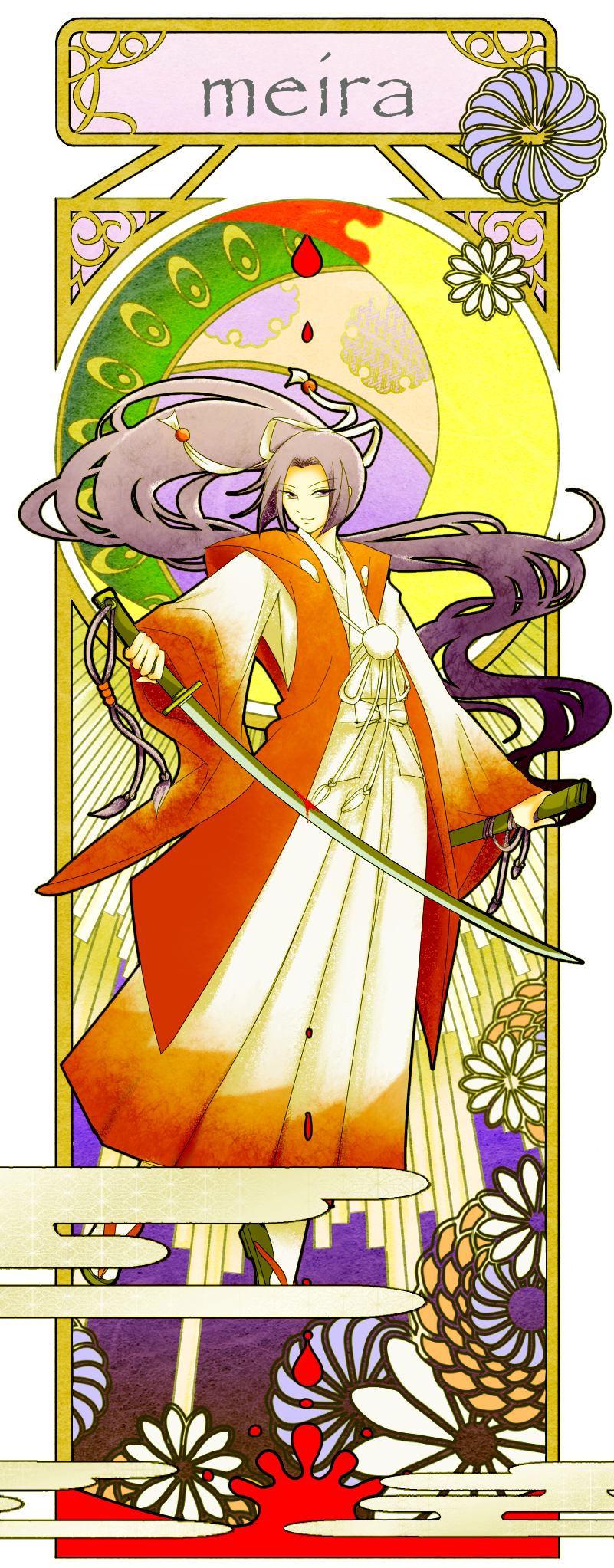 1girl, blood, character_name, egasumi, geta, hakama, highres, japanese_clothes, katana, long_hair, meira, pom_pom_(clothes), ponytail, purple_hair, ranran_(iaotak), samurai, story_of_eastern_wonderland, sword, touhou, touhou_(pc-98), very_long_hair, violet_eyes, weapon, wide_sleeves