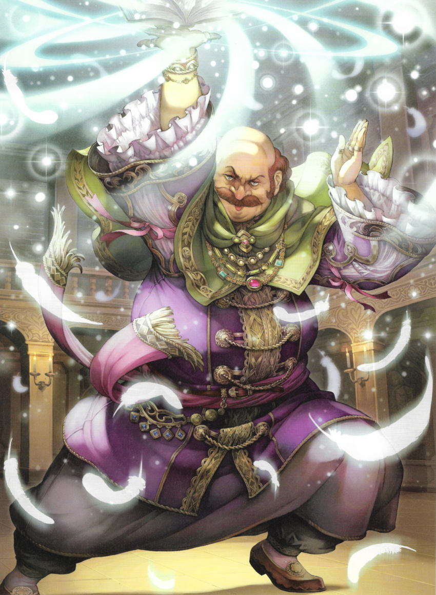 1boy, bald, book, bracelet, facial_hair, fat_man, feathers, fire_emblem