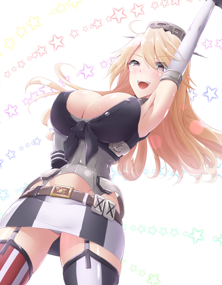 1girl, :d, ahoge, anchor_symbol, arm_up, armpits, bangs, belt