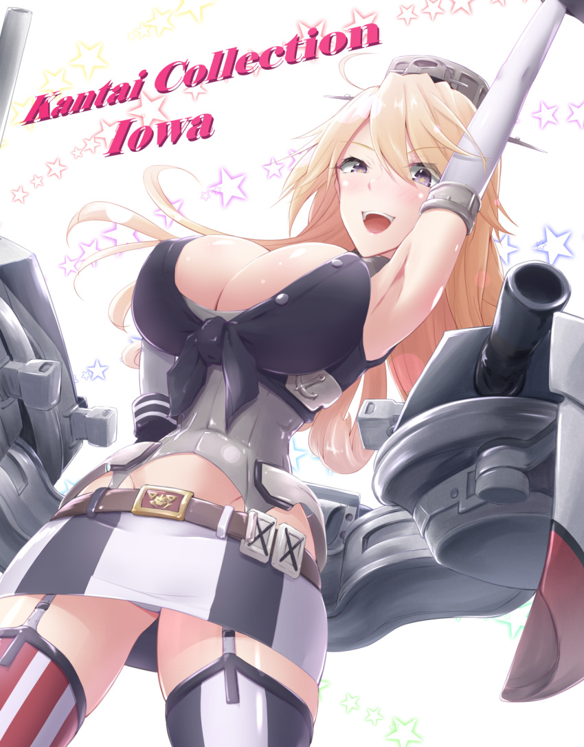 1girl, :d, ahoge, anchor_symbol, arm_up, armpits, bangs, belt