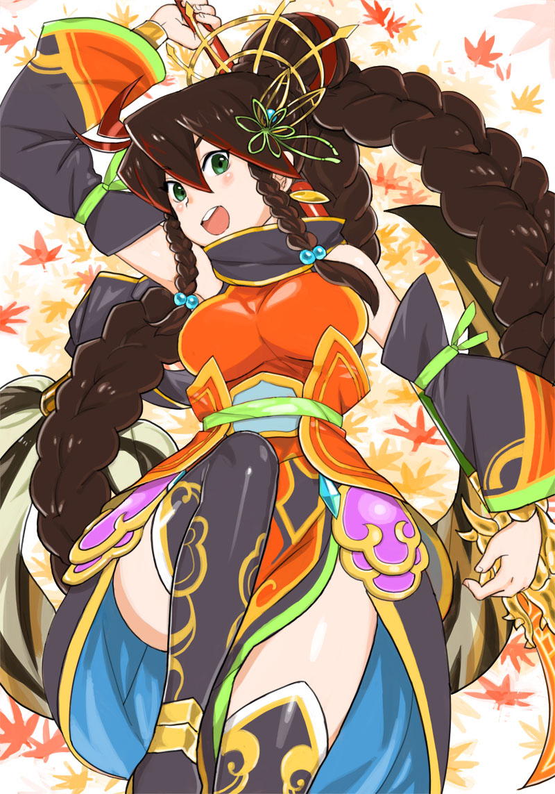 1girl, braid, brown_hair, detached_sleeves, front_braid, green_eyes, guan_yinping_(p&amp;d), hair_ornament