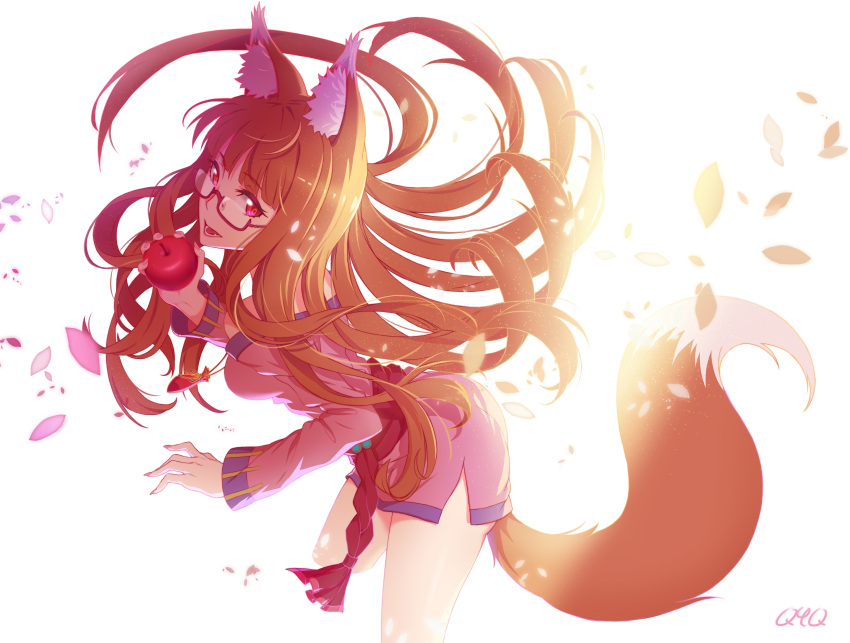 1girl, absurdres, animal_ears, apple, artist_name, bespectacled, brown_hair, food