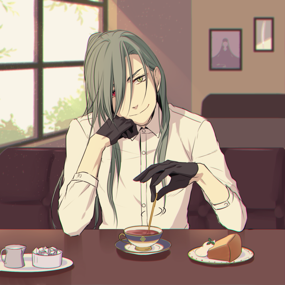 1boy, black_gloves, bowl, cake, chin_rest, cup, food, gloves