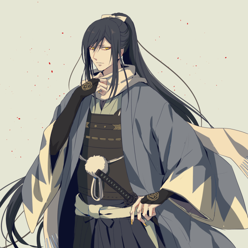 1boy, black_hair, bow, bridal_gauntlets, cosplay, hair_bow, haori, honegai