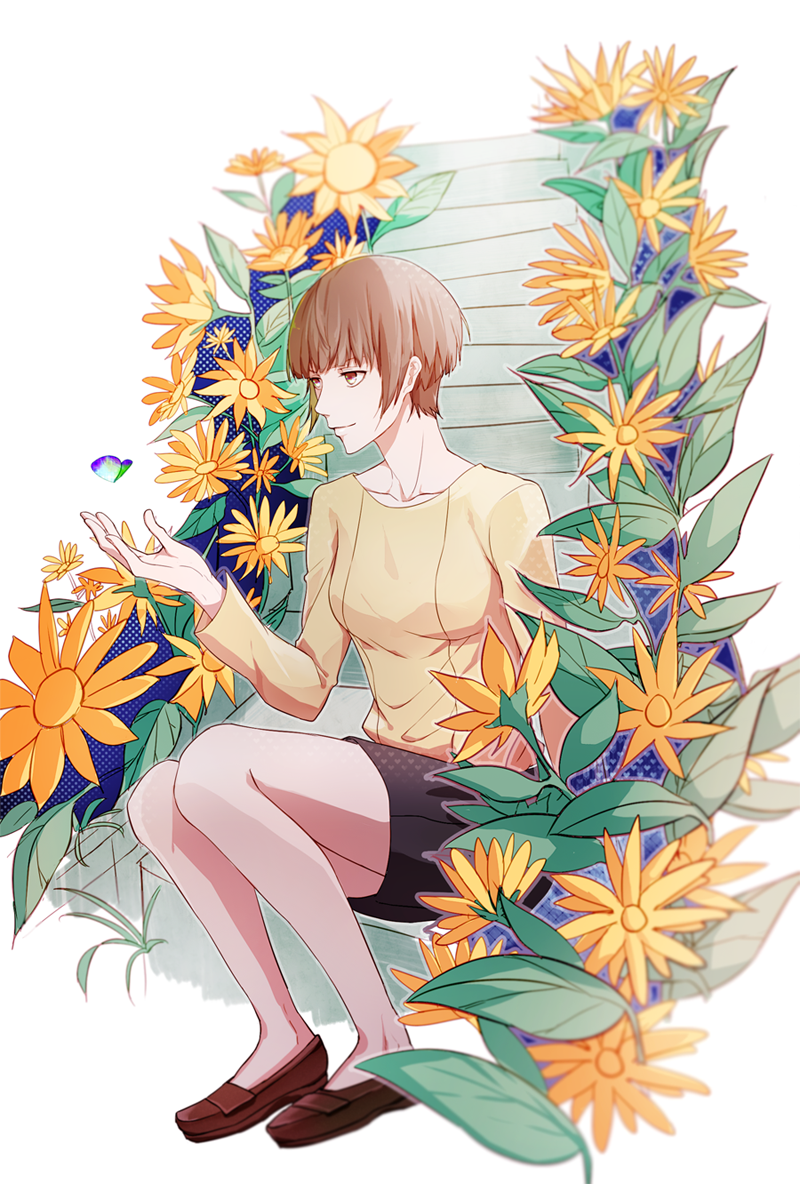 1girl, black_skirt, brown_hair, brown_shoes, butterfly, collarbone, ecrsin, flower