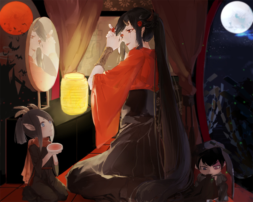 2girls, adjusting_hair, bat, black_hair, blue_eyes, curtains, demon_horns, ecrsin