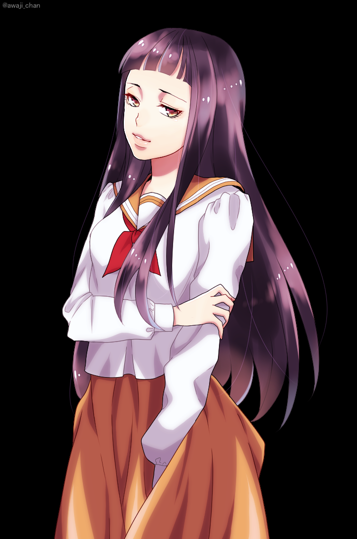 1girl, artist_name, awaji_masaru, bangs, black_background, hand_on_own_arm, long_hair, orange_skirt