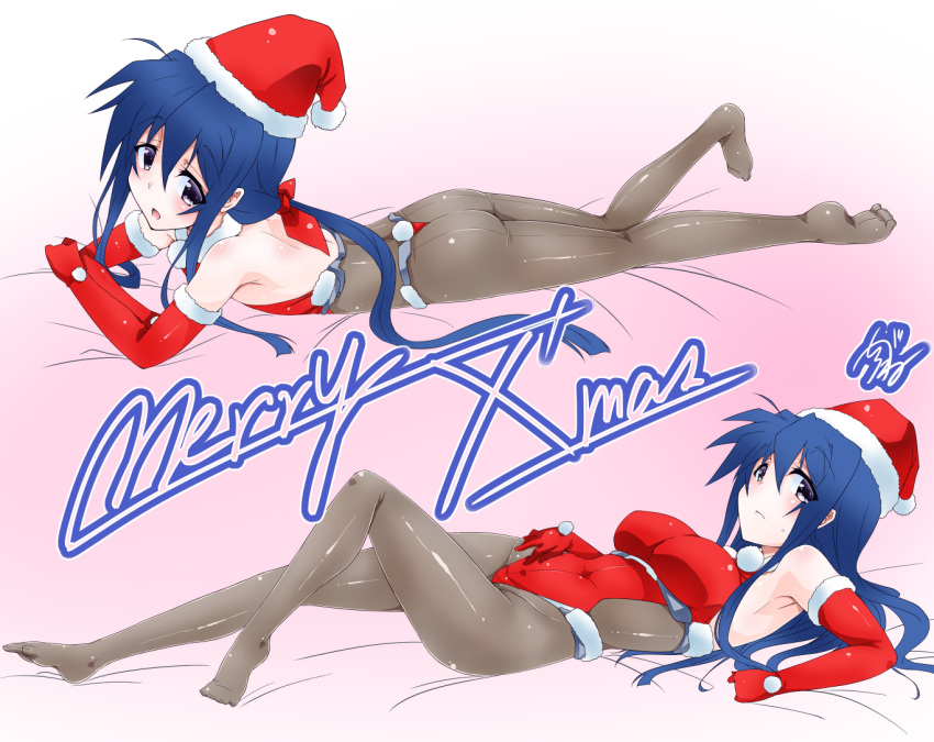 1boy, 1girl, blue_hair, bodysuit, christmas, dual_persona, elbow_gloves, gloves