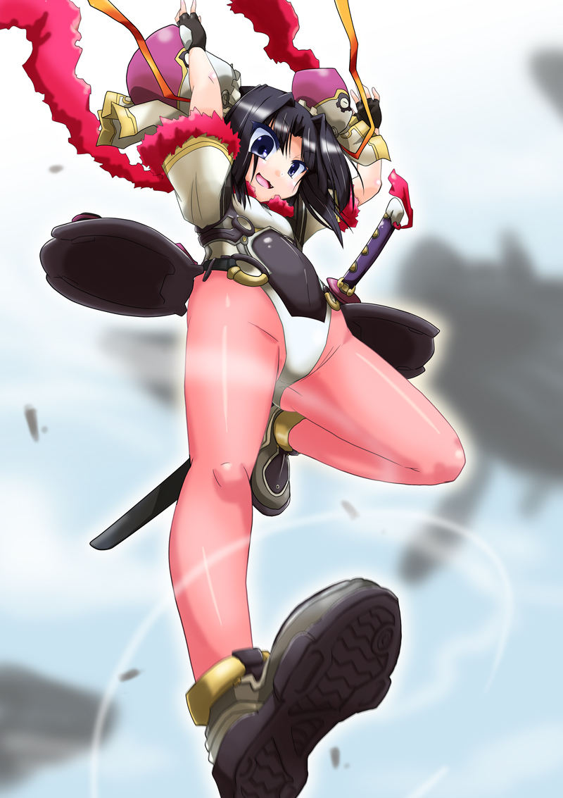 1girl, black_hair, bodysuit, bun_cover, flat_chest, hair_bun, hair_ornament, katana