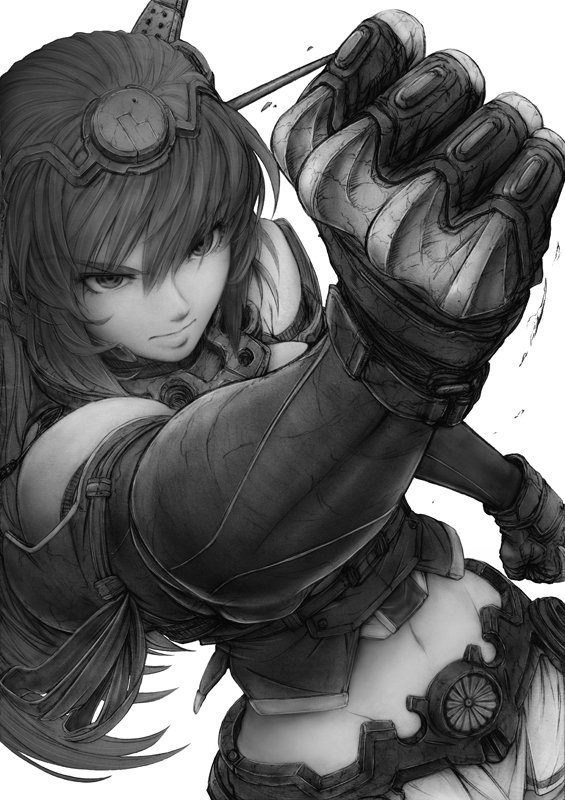 arm_up, bangs, belt, brass_knuckles, clenched_hand, commentary_request, elbow_gloves, fingerless_gloves, from_above, gloves, headgear, imizu_(nitro_unknown), kantai_collection, long_hair, looking_up, midriff, monochrome, nagato_(kantai_collection), navel, textured_hair, weapon