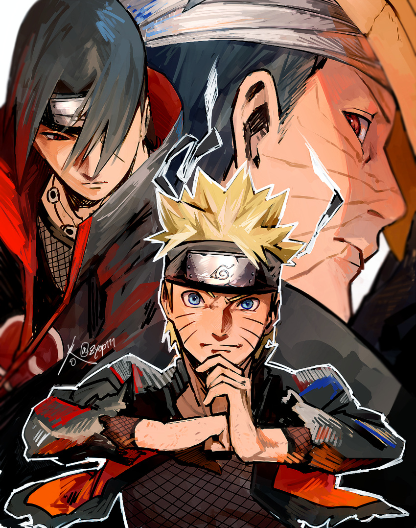 3boys, bandages, black_hair, blonde_hair, blue_eyes, forehead_protector, hair_over_one_eye, highres
