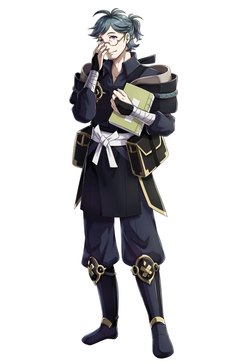 1boy, beard, blue_hair, book, boots, facial_hair, fire_emblem, fire_emblem_if