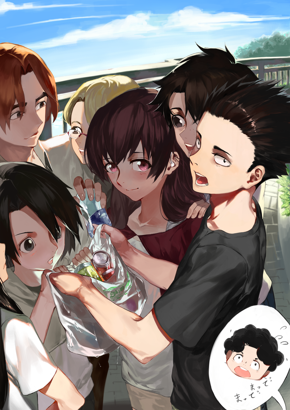 3boys, 5girls, black_hair, blonde_hair, brown_hair, can, drink, glasses