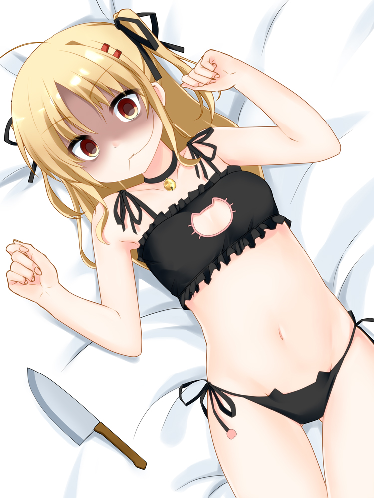 1girl, bell, bell_choker, black_panties, blonde_hair, blush, cat_cutout, cat_ear_panties