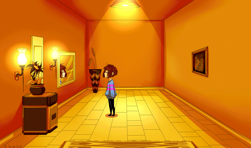 animated, animated_gif, artist_name, black_blood, black_sclera, blood, blood_from_mouth, bloody_tears, brown_hair, chara_(undertale), chromatic_aberration, closed_eyes, creepy, evil_smile, frisk_(undertale), glamist, glitch, hidden_eyes, jumpscare, mirror, open_mouth, smile, spoilers, tagme, undertale