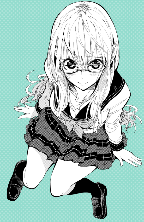 1girl, :>, arm_support, glasses, long_hair, looking_up, miniskirt, pleated_skirt