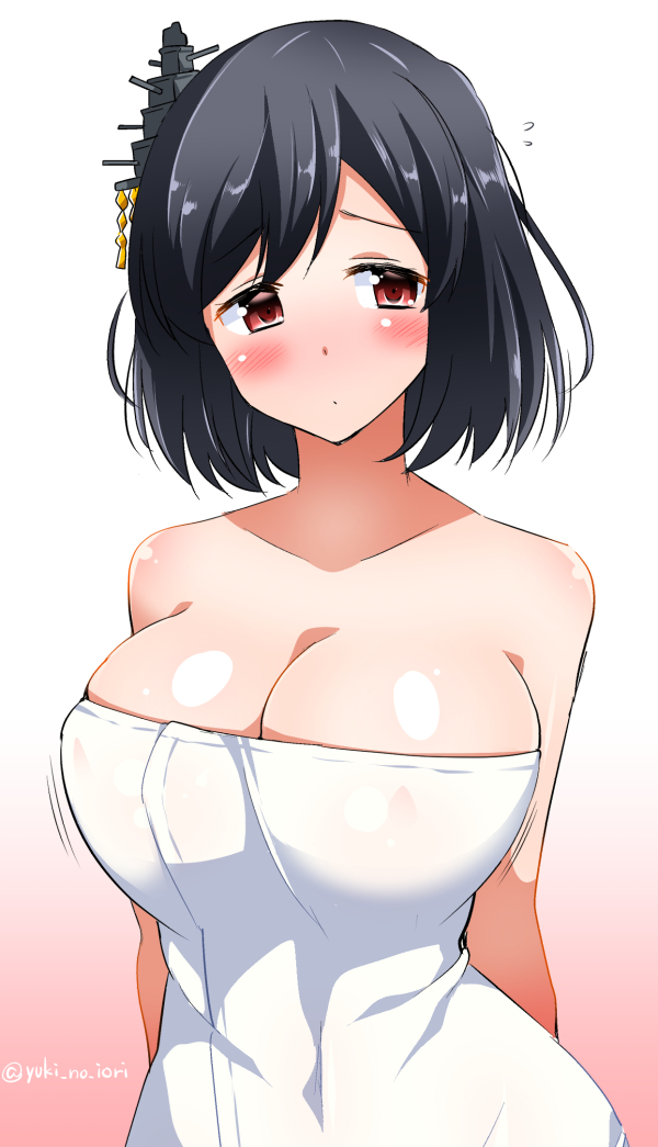1girl, black_hair, blush, breasts, cleavage, hair_ornament, huge_breasts, kantai_collection, naked_towel, red_eyes, short_hair, solo, towel, yamashiro_(kantai_collection), yuuki_hb
