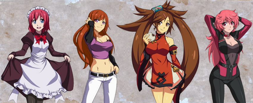 4girls, :t, absurdres, baozi, black_legwear, blue_eyes, breasts, brown_hair
