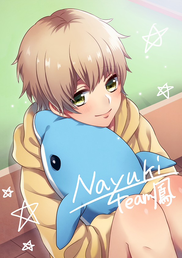 1boy, an_hajime, blonde_hair, blush, character_name, hood, hoodie, male_focus