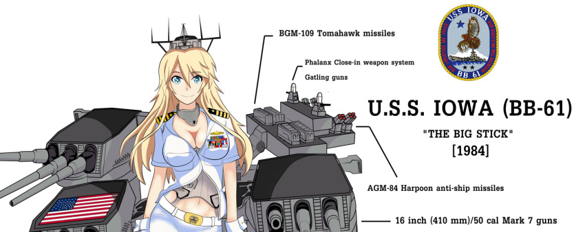 1girl, adapted_costume, american_flag, blonde_hair, breasts, cleavage, iowa_(kantai_collection), kantai_collection