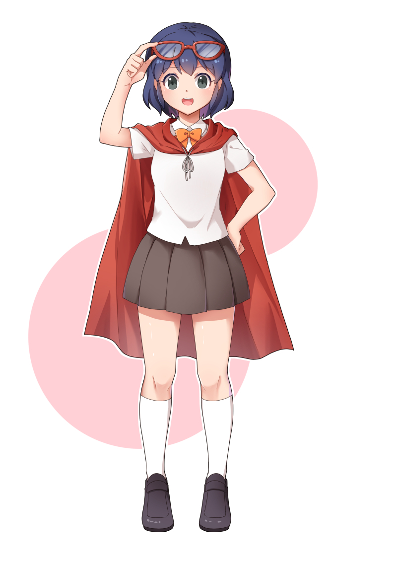 1girl, blue_hair, cape, full_body, glasses_on_head, green_eyes, inazuma_eleven, inazuma_eleven_(series)